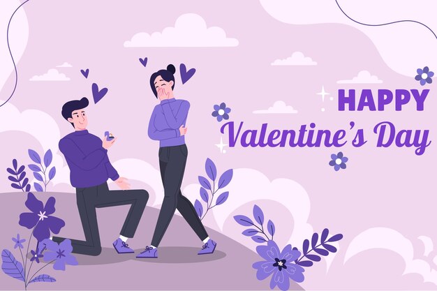 Feliz día de San Valentín Hombre de una rodilla da anillos a la mujer Amor romance y pasión Novio y novia en una reunión romántica Fondo de ilustración de vector plano de dibujos animados