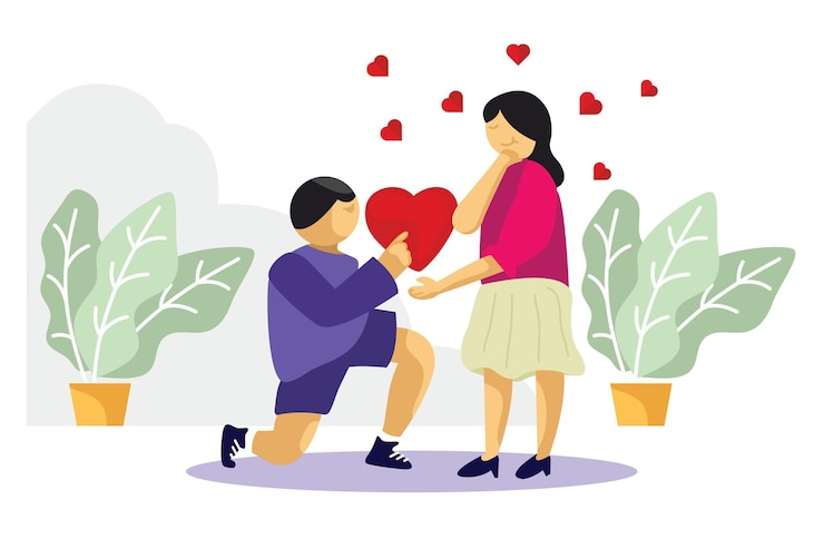 Vector un feliz día de san valentín los hombres hacen propuestas para las mujeres ofreciendo corazones y arrodillándose y amando