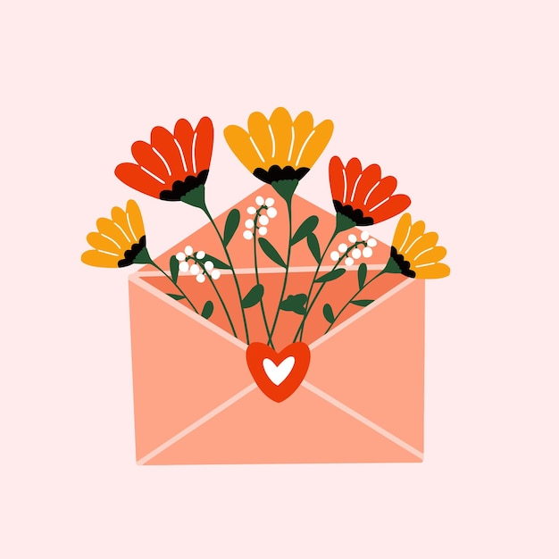 Feliz día de san valentín. ilustración de vector de sobre con flores en el interior. precioso ramo de flores lindo dentro del sobre.