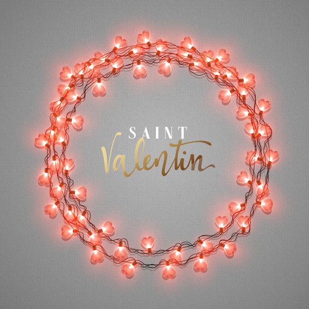 Feliz día de san valentín. letras inscripción francesa hecha a mano. san valentín. guirnalda de luces brillantes love holiday. diseño de tarjetas de felicitación fondo retro brillante. guirnaldas decoración corazones rojos