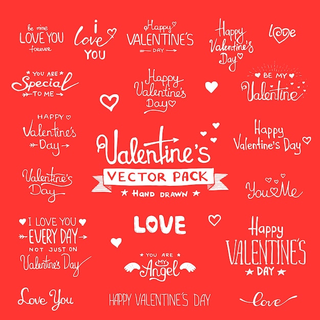 Feliz día de San Valentín letras a mano - Fondo tipográfico en pizarra con adornos, corazones, cinta, ángel y flecha