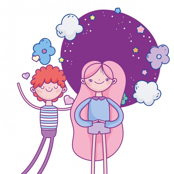 Vector feliz día de san valentín, linda pareja corazones flores couds decoración ilustración