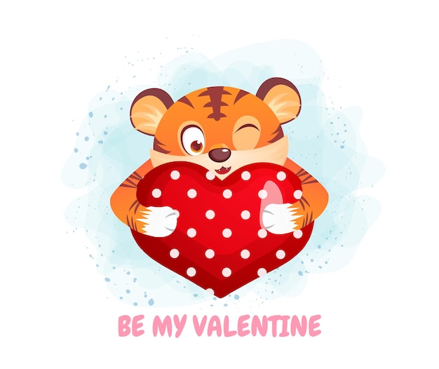 Feliz día de san valentín con lindo tigre abrazando a un personaje de dibujos animados de corazón