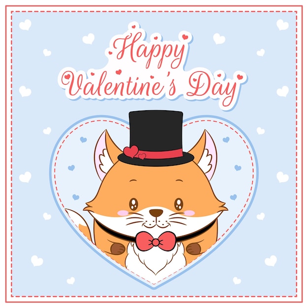 Vector feliz día de san valentín lindo zorro niño dibujo tarjeta postal corazón grande