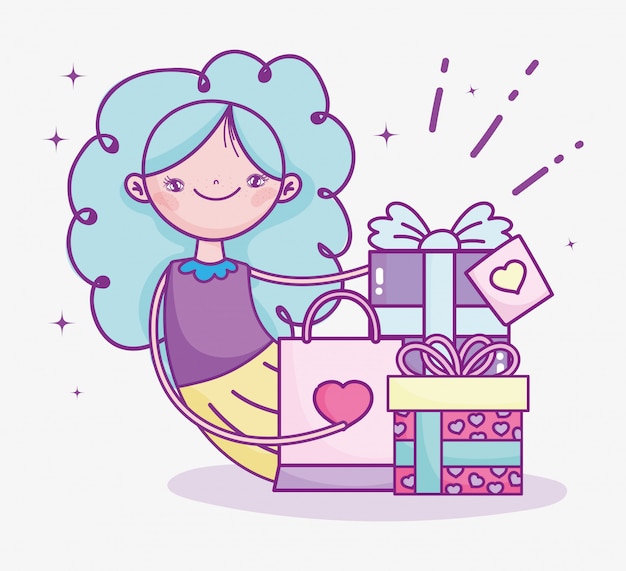 Feliz día de san valentín, niña con regalos y bolsa de compras celebración ilustración vectorial