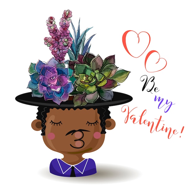 Feliz día de san valentín. niño con flores suculentas. acuarela.