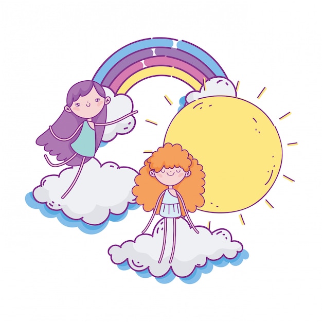 feliz día de san valentín, nubes de día soleado del arco iris y linda ilustración de cupidos