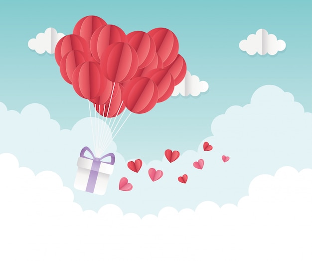 Feliz día de san valentín origami regalo globo corazones nubes