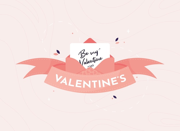 Feliz día de san valentín pancarta o postal con carta de amor en sobre