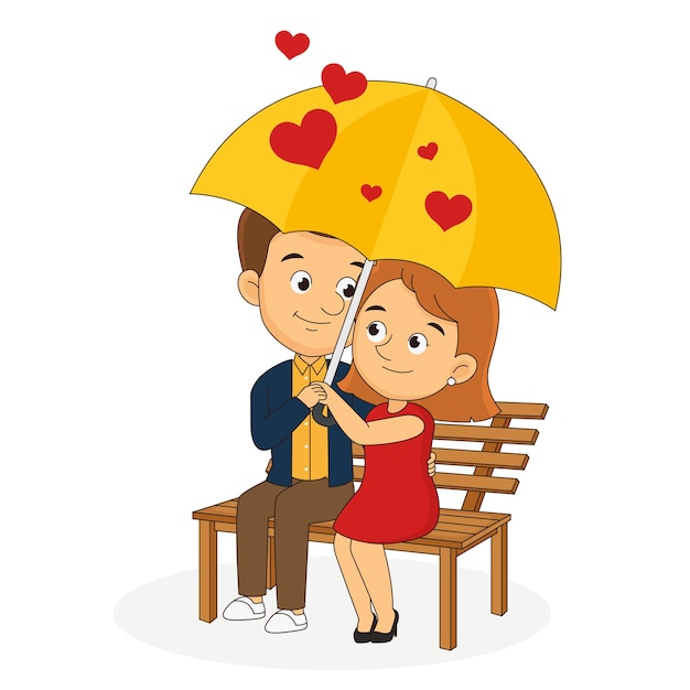 Feliz día de san valentín, pareja de enamorados bajo el paraguas, a salvo de la lluvia de amor