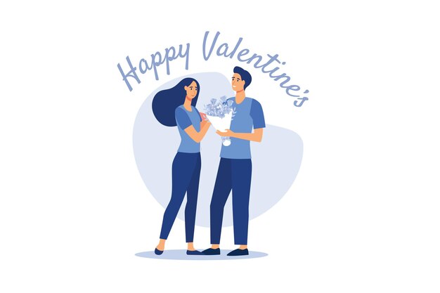 Feliz día de san valentín pareja en fecha hombre dar flor mujer ilustración vectorial plana