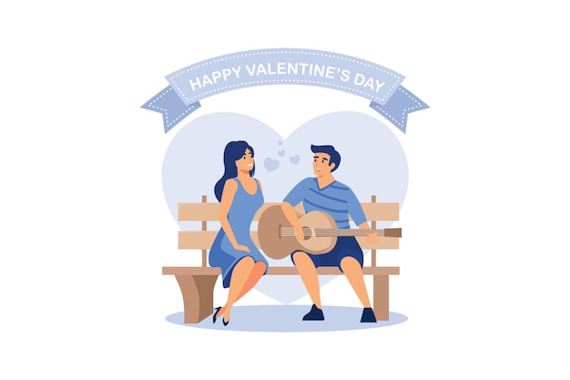 Feliz día de san valentín pareja sentada en un banco con tocar la guitarra ilustración vectorial plana