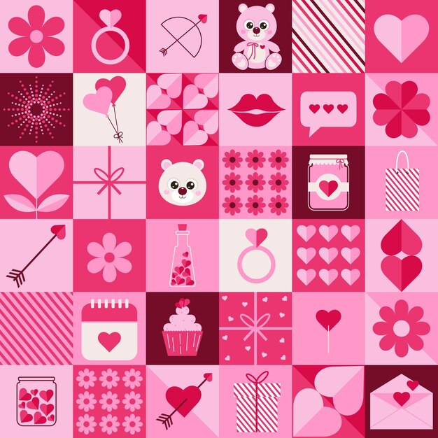 Feliz día de San Valentín patrón sin costuras con iconos de vacaciones en estilo geométrico moderno