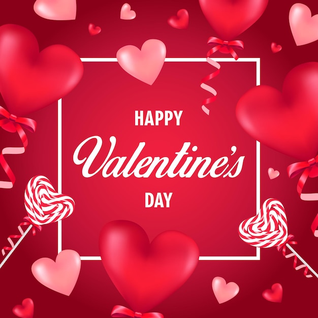 Feliz día de San Valentín con piruletas y globos en forma de corazón rojo.