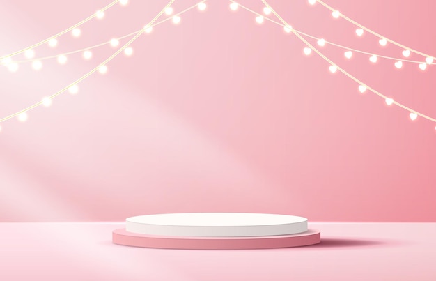 Feliz día de san valentín y podio decorado con una escena de pedestal de iluminación en forma de corazón con una ceremonia de entrega de premios de publicidad cosmética de productos en el diseño de vectores de fondo rosa