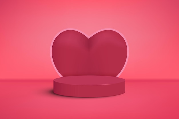 Feliz día de san valentín y podio de escenario 3d con forma de corazón 3d sobre fondo rosa