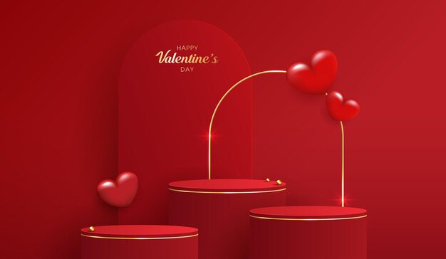 Feliz día de San Valentín y podio escénico decorado con una escena de pedestal en forma de corazón con ceremonia de premiación de publicidad cosmética de productos sobre fondo rojo y diseño de vectores claros