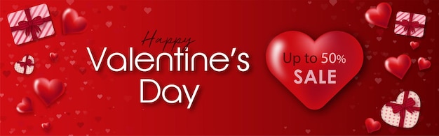 Feliz día de san valentín promoción de venta corazones rojos y regalo.