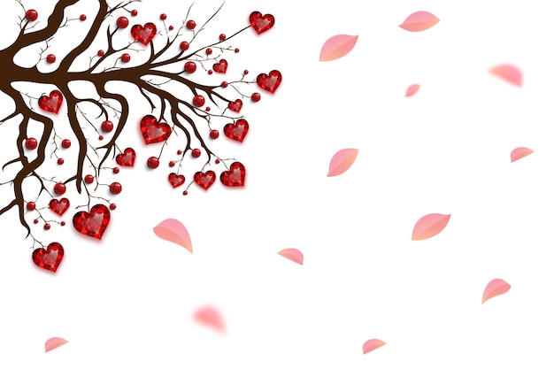 Feliz día de San Valentín. Árbol decorado con corazones rojos y abalorios. Joya de rubí. Tarjeta de San Valentín.
