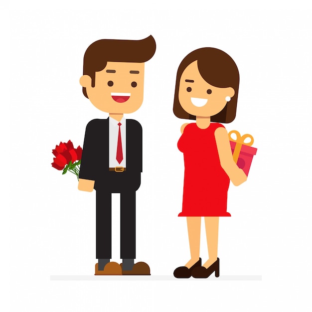 Feliz día de San Valentín. Señora dándole una caja de regalo a un novio