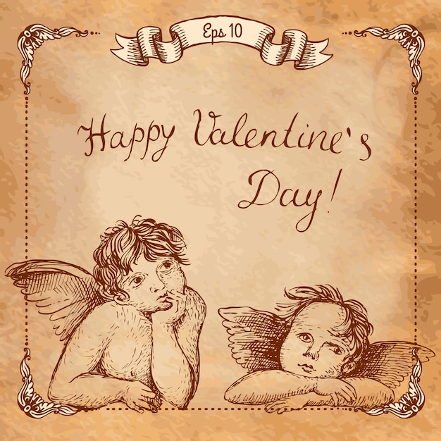 Feliz día de san valentín, tarjeta de felicitación, ángeles y corazones de san valentín, ilustración vectorial