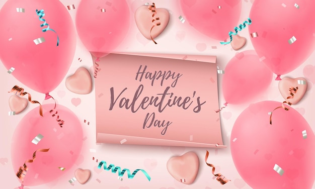 Feliz día de san valentín tarjeta de felicitación con corazones de caramelo, globos, confeti y cintas