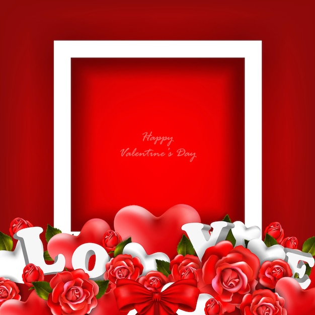 Vector feliz día de san valentín tarjeta de felicitación con hermoso fondo romántico con rosas rojas y hojas.