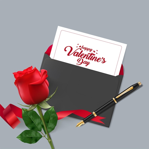 Vector feliz día de san valentín. tarjeta de felicitación con realista de rosa roja,
