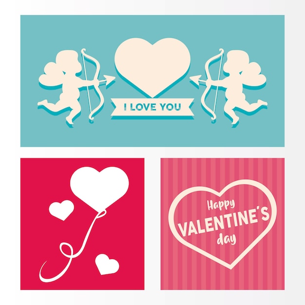 Feliz día de San Valentín tarjeta de letras con ángeles y corazones de cupido