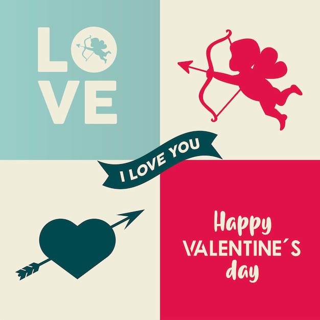 Feliz día de san valentín tarjeta de letras con cupido ángel y corazón