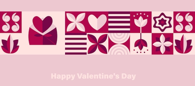 Feliz día de San Valentín tarjeta patrón geométrico mosaico en vector de estilo escandinavo