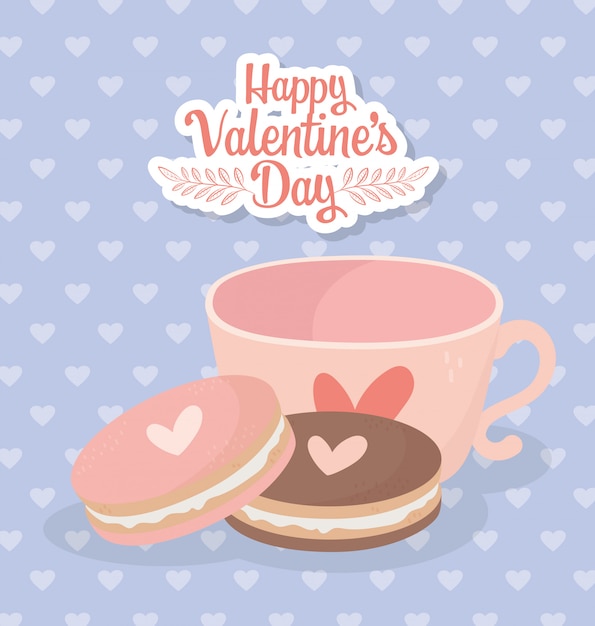 Feliz día de san valentín taza de café y galletas tarjeta de amor