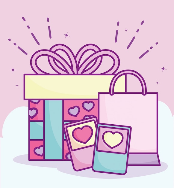 Vector feliz día de san valentín, teléfono bolsa de compras y regalo celebración amor ilustración vectorial