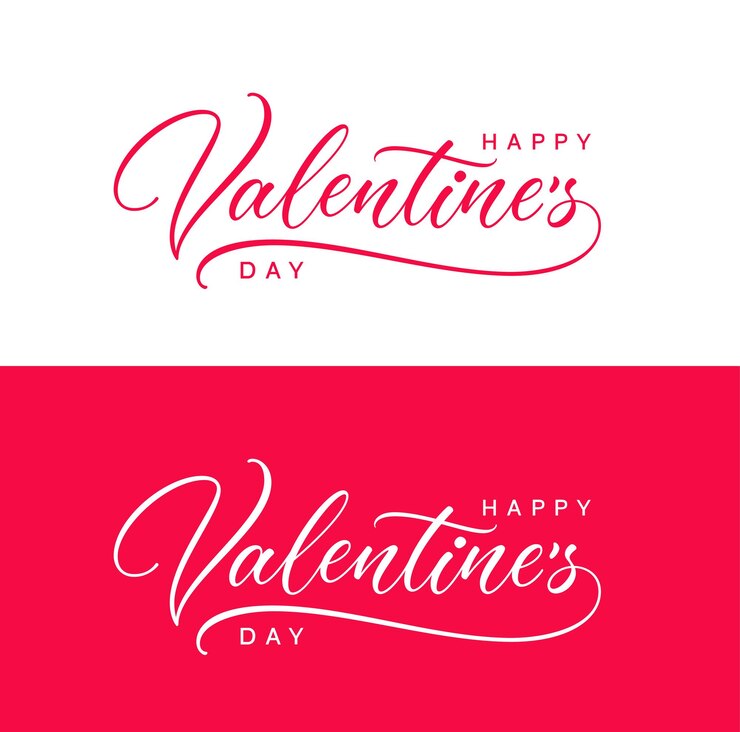Vector feliz día de san valentín texto caligráfico de vacaciones escrito a mano para banner, tarjeta de felicitación, cartel, volante, encabezado. mano de vector rotulación el día de san valentín aislado sobre fondo rojo y blanco.