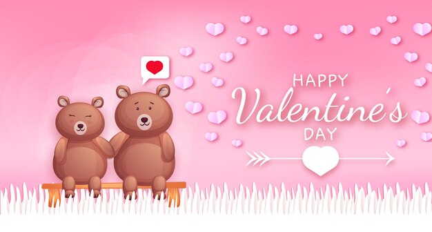 Feliz día de san valentín texto de saludo con corazones y pareja de osos