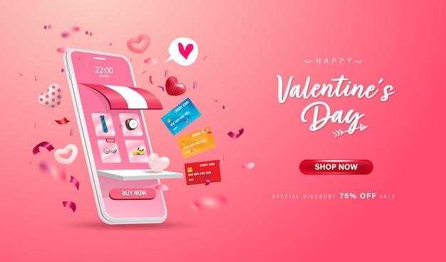 Feliz día de San Valentín. Tienda de compras en línea en el diseño de sitios web y teléfonos móviles.
