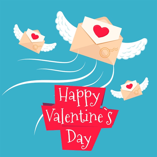 Feliz día de san valentín vacaciones banner vector ilustración con sobre alas de ángel corazones rojos vacaciones...