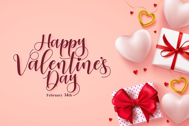 Feliz día de San Valentín vector banner Tarjeta de felicitación del día de San Valentín con regalos de corazones y joyas