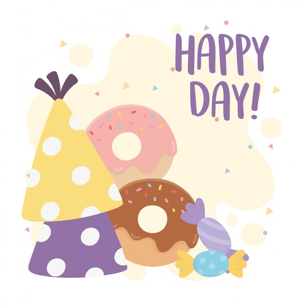 Feliz día, sombreros de fiesta donas y dulces ilustración de dibujos animados