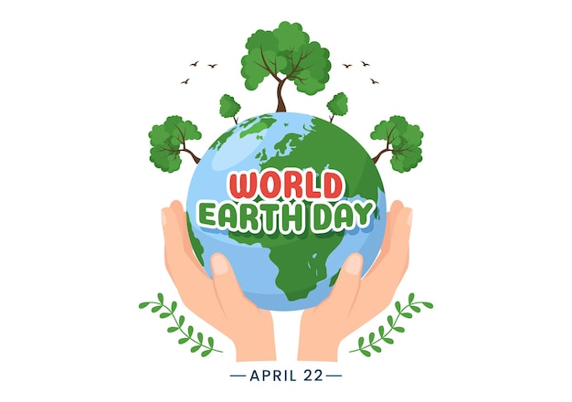 Feliz Día de la Tierra el 22 de abril Ilustración con el entorno del mapa mundial en plantillas dibujadas a mano de dibujos animados