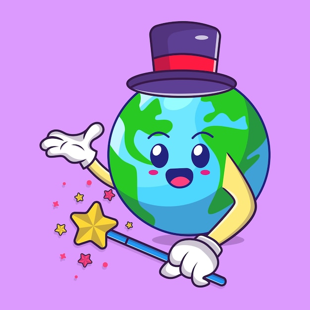 Feliz Día de la Tierra Globo de dibujos animados encantador con un sombrero con una varita mágica