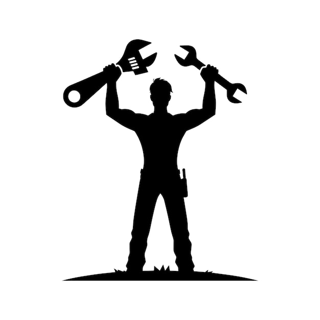 Feliz Día del Trabajo arte vectorial silueta manos sosteniendo materiales de trabajo