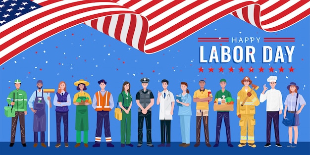 Feliz Día del Trabajo. Diversas ocupaciones personas de pie con la bandera americana.