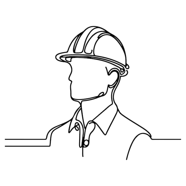 Feliz Día del Trabajo, hombre trabajador con casco, diseño de dibujo continuo de una línea, dibujo de contorno negro, icono del Día del Trabajo, boceto conceptual del estilo de dibujo de los trabajadores