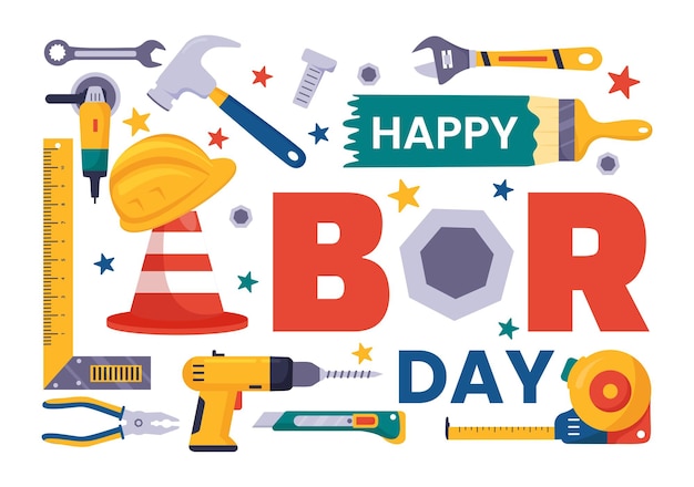 Feliz Día del Trabajo Ilustración vectorial con varias herramientas de construcción para edificios de trabajadores