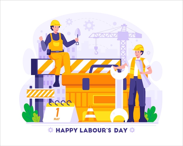 Feliz día del trabajo con los trabajadores de la construcción sostienen las herramientas ilustración del día de los trabajadores