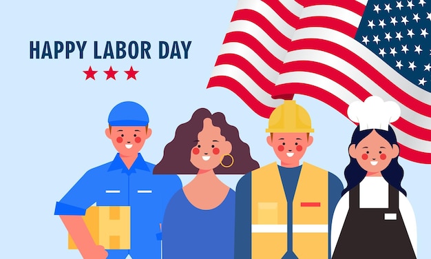 Feliz día del trabajo varias ocupaciones personas de pie con bandera americana