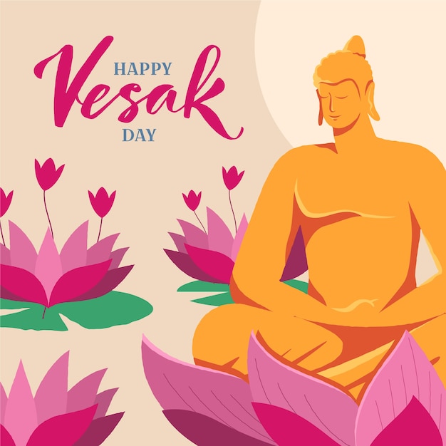 Vector feliz día de vesak con estatua de buda y flores de loto