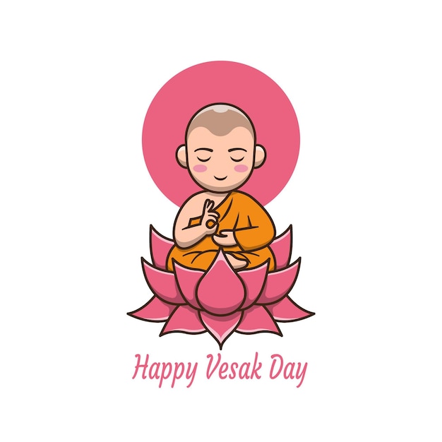 Feliz día de vesak con ilustración de dibujos animados lindo monje