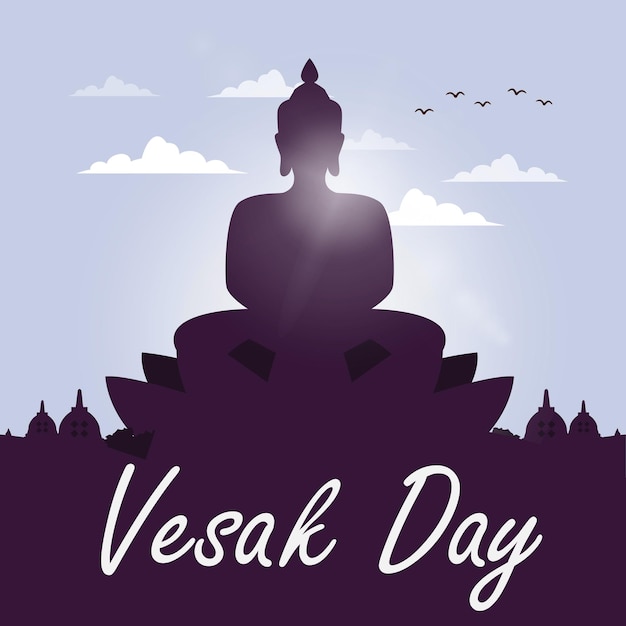 Feliz Día de Vesak con una ilustración de una estatua de Buda en el cielo púrpura